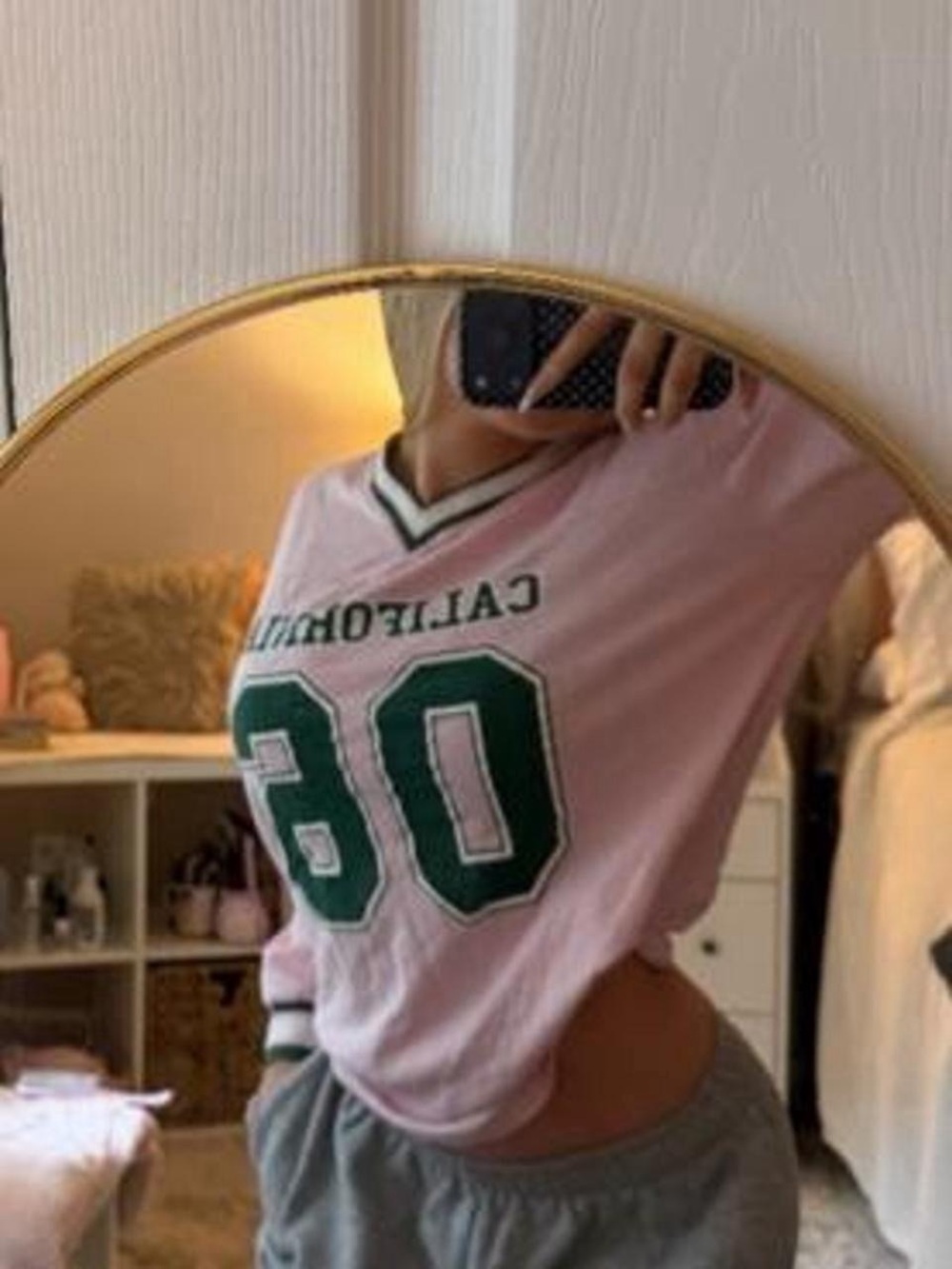 Edikted Pink V-Neck '08' California Jersey with Green Print